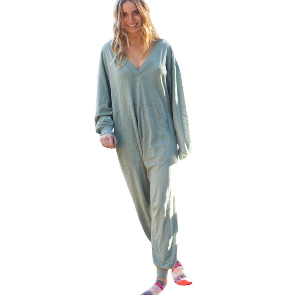 Natural‎ Life Green Slub Cotton V-Neck Long Sleeve Relaxed Jumpsuit Small Loose